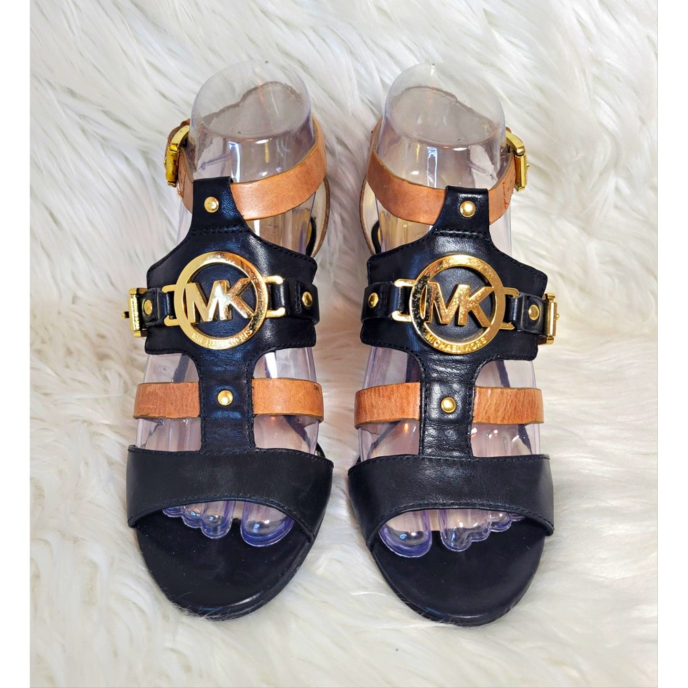 Michael Kors Women's Strappy Open Toe Strap Buckle Leather Heel Sz 7- read